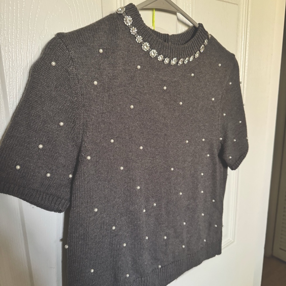 Zara Pearl and Faux Diamond Embellished Knit Crop Top